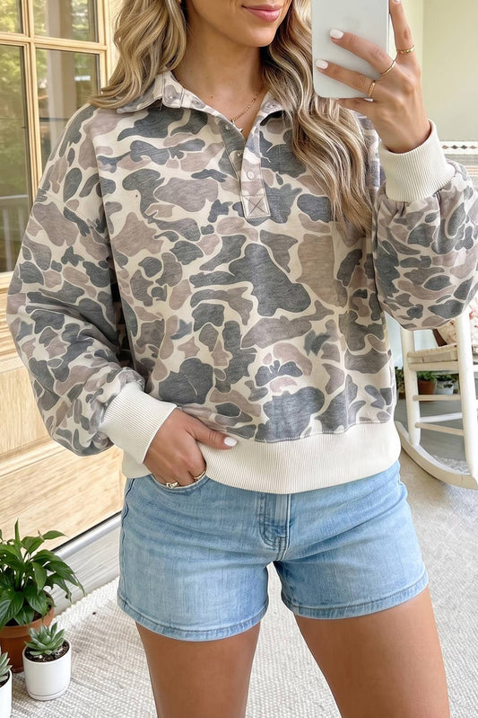 Camo Collar Pullover Snap Sweatshirt