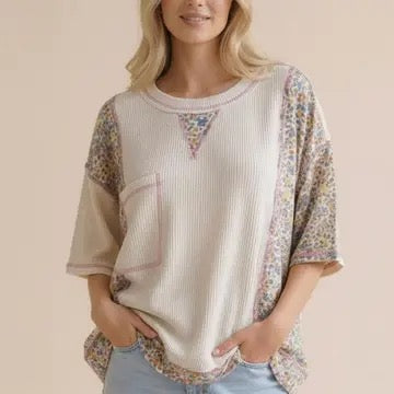 Oversized Floral Color Block Thermal Knit Top