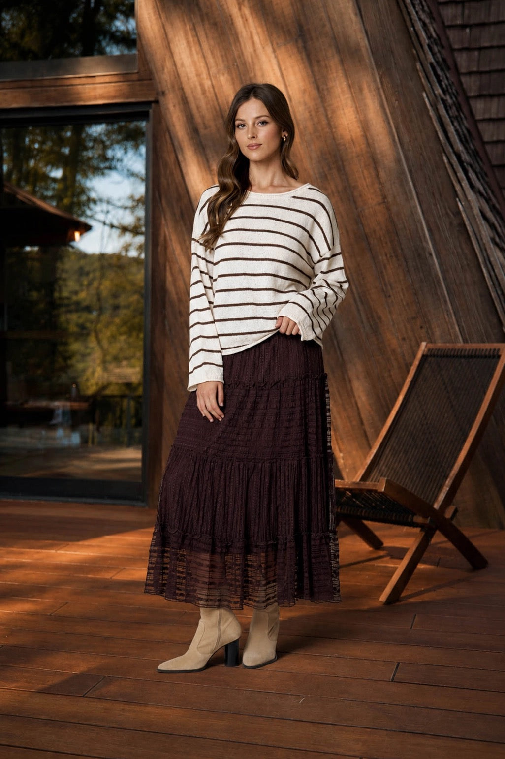 Stripe Textured Raw Edge Long Sleeve Knit Sweater