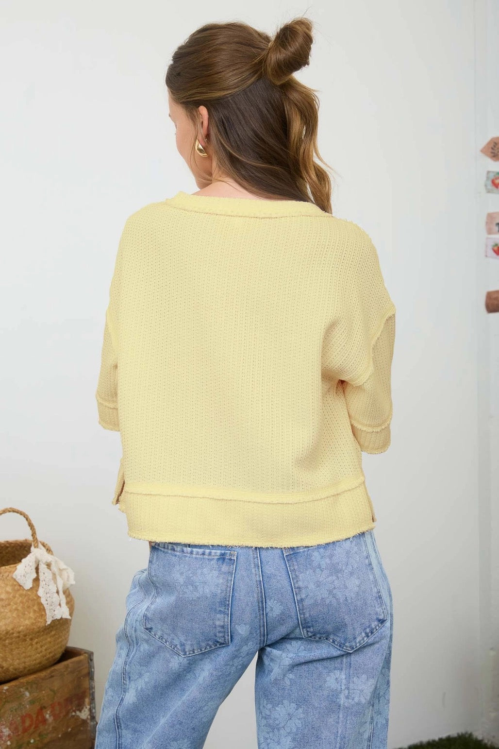 Raw Edge Henley Short Sleeve Waffle Knit Top