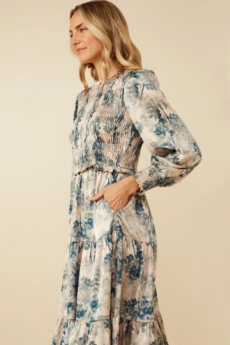 Womens Botanical Print Smocked Bodice Satin Dress
