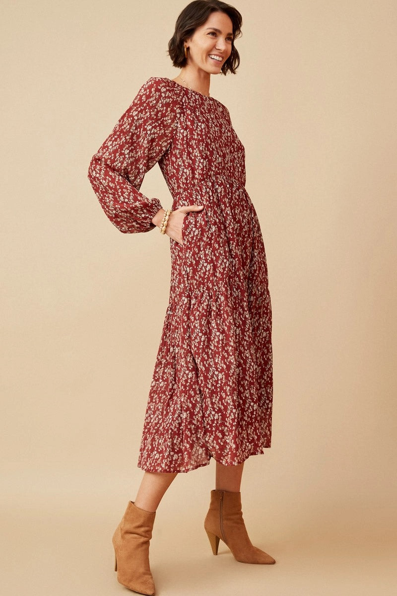Women's Textured Floral Long Sleeve Tiered Dress