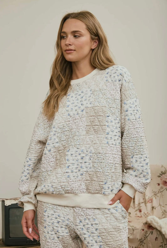 Multi-Floral Patchwork Long Sleeve Knit Top