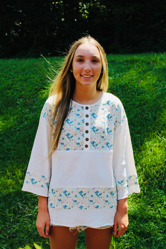 Floral Patch Henley Button 3/4 Sleeve Blouse