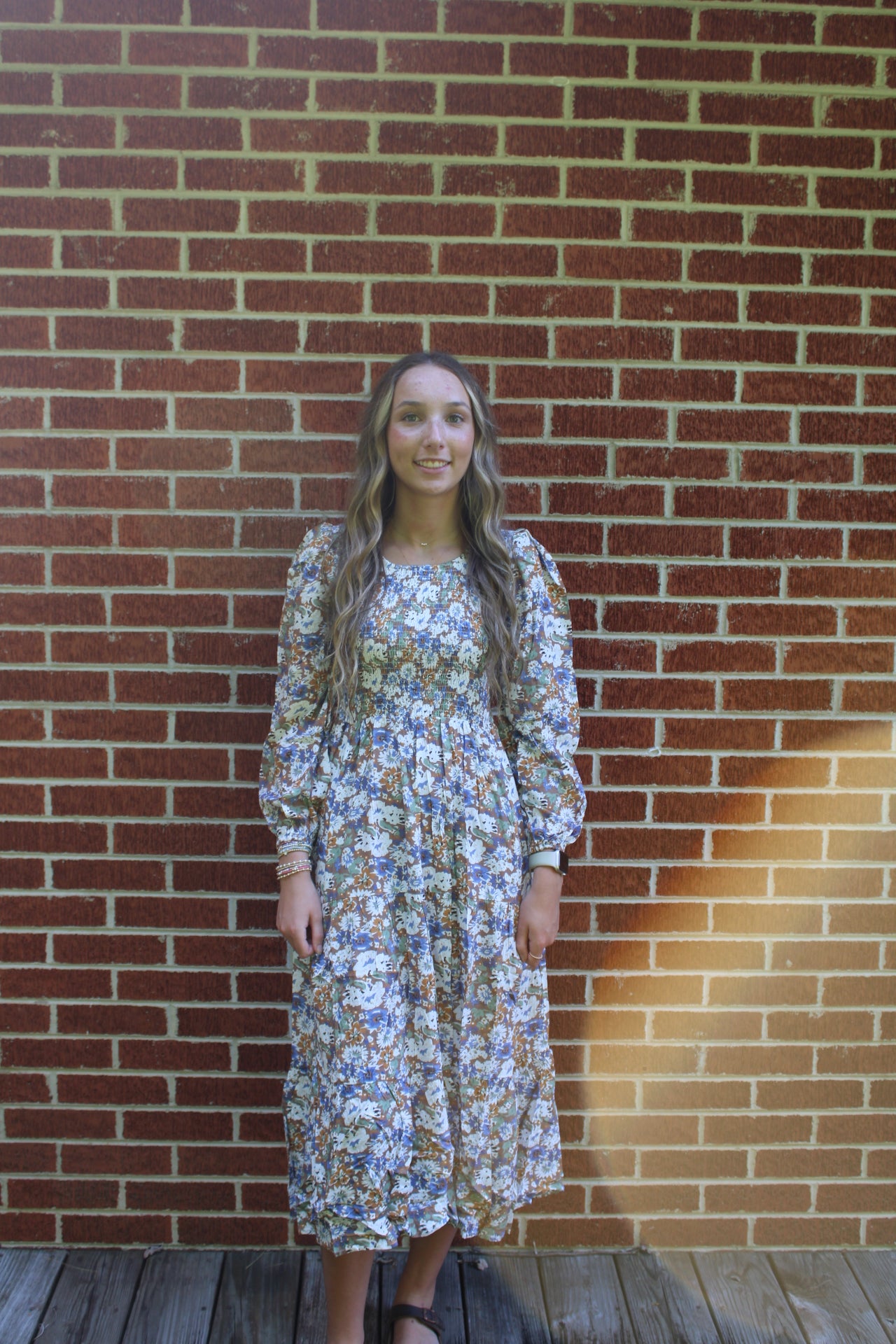 Wide Flared Smocked Tiered Floral Midi Dress with Pockets