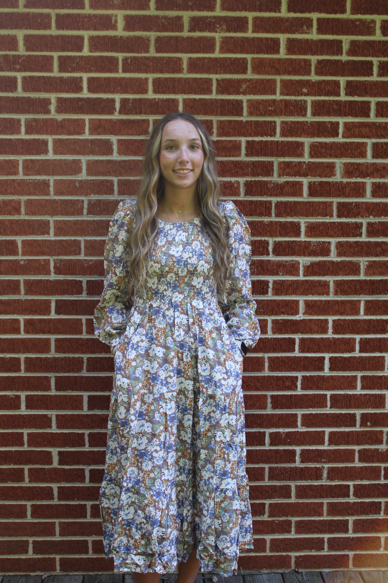 Wide Flared Smocked Tiered Floral Midi Dress with Pockets