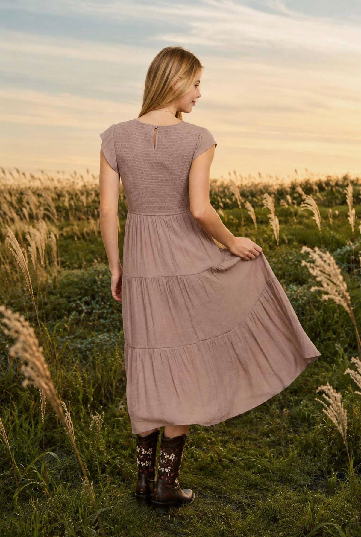 Tiered Smocked Short Sleeve Midi Dress