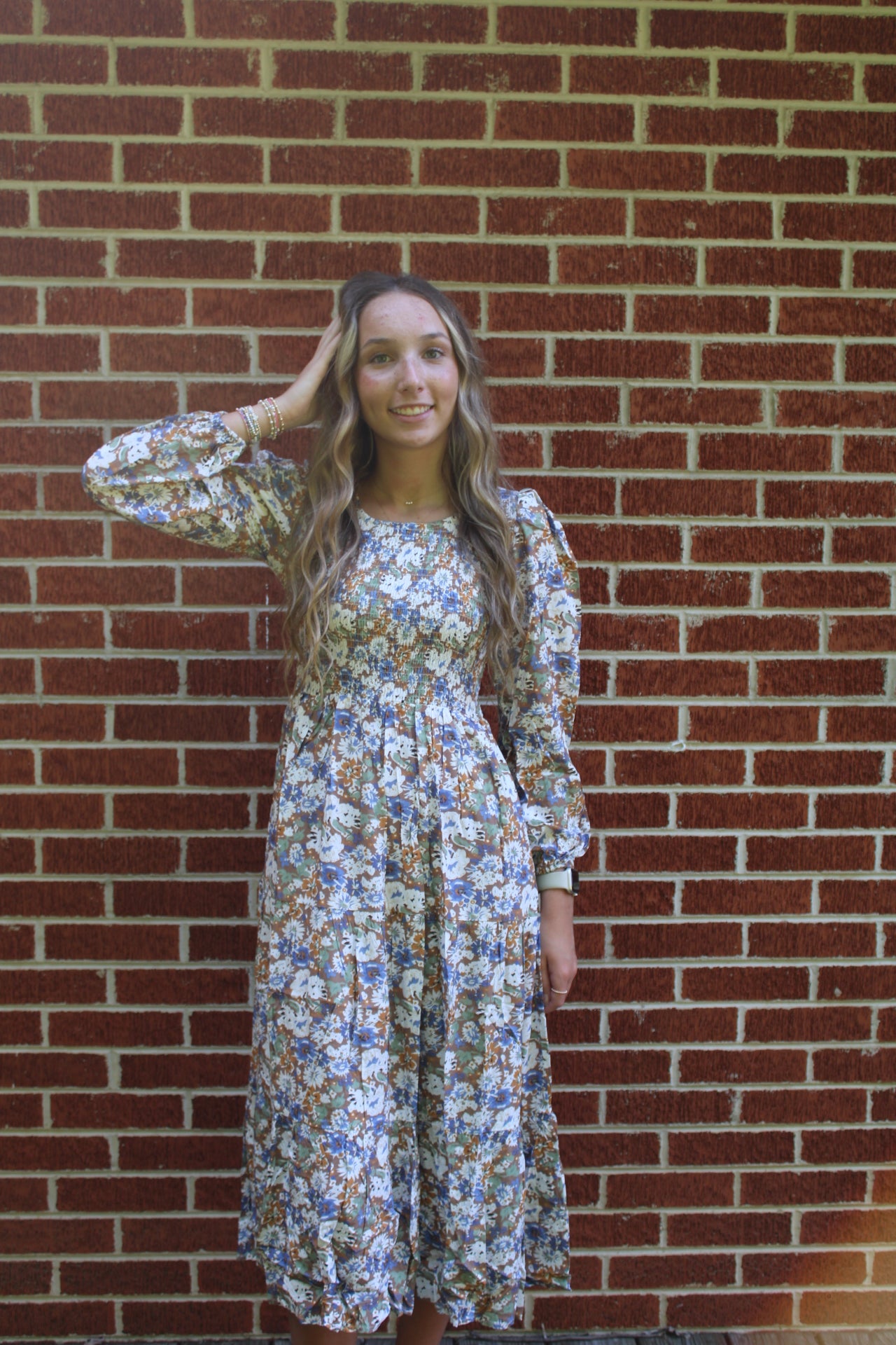 Wide Flared Smocked Tiered Floral Midi Dress with Pockets