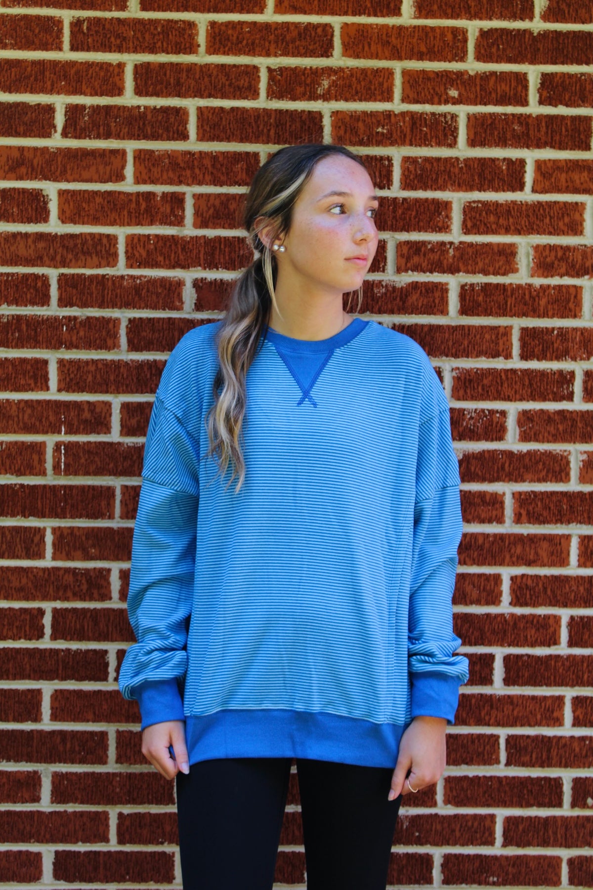 Striped Ribbed Cuffs Hem Long Sleeve Top