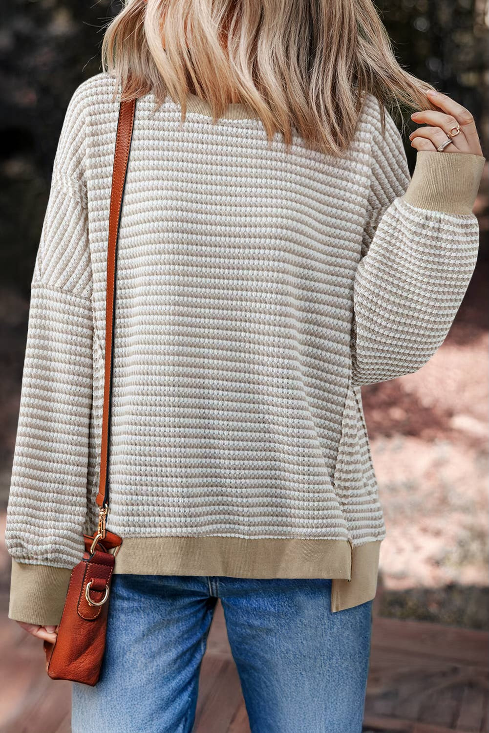Stripe Ribbed Trim Long Sleeve Oversized Top
