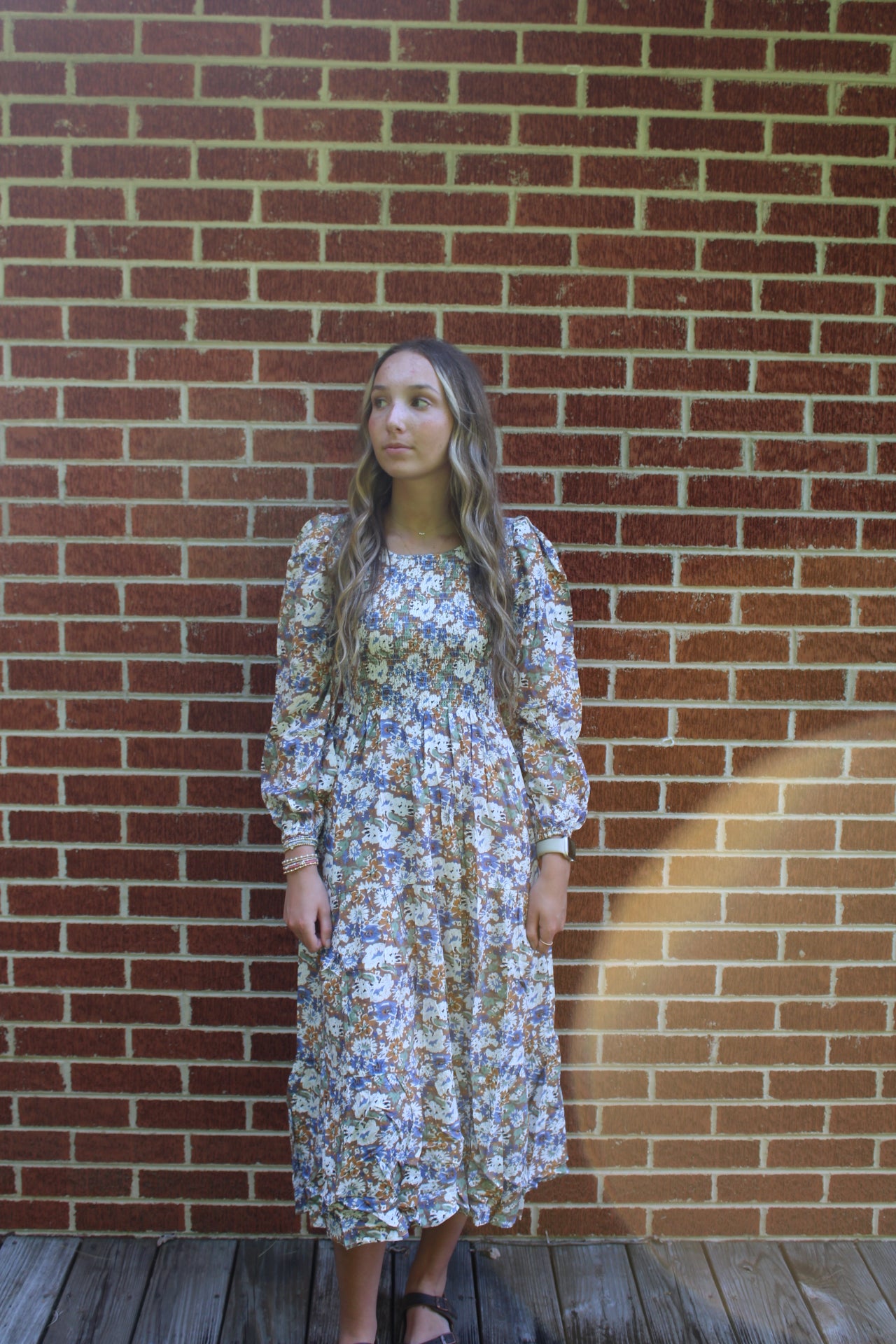 Wide Flared Smocked Tiered Floral Midi Dress with Pockets