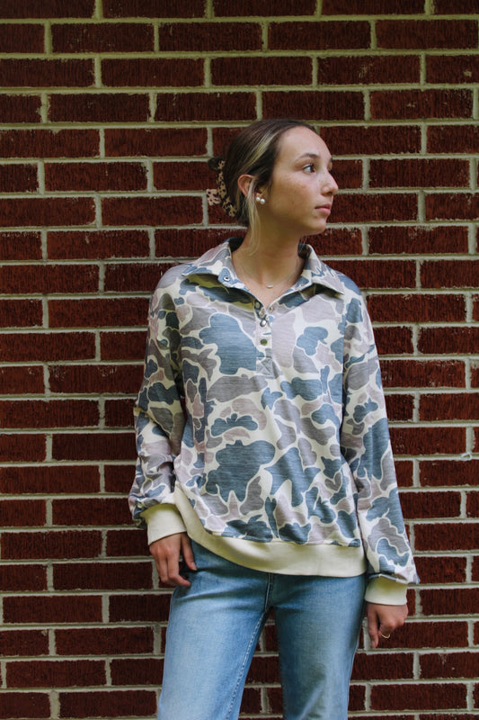 Camo Collar Pullover Snap Sweatshirt