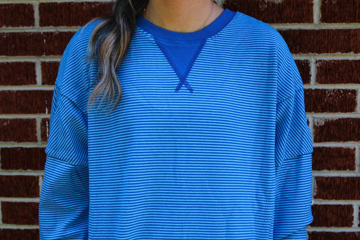 Striped Ribbed Cuffs Hem Long Sleeve Top