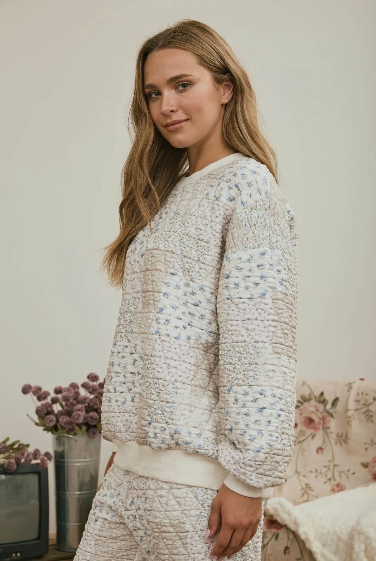 Multi-Floral Patchwork Long Sleeve Knit Top