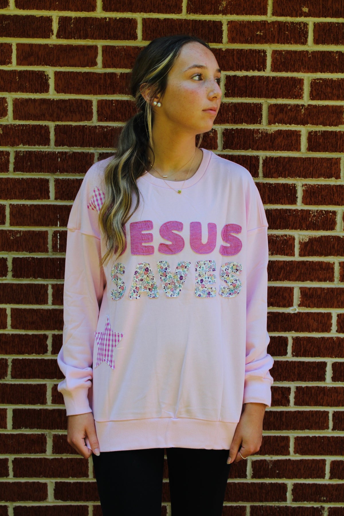 Jesus Saves Patchwork Stars Floral Long Sleeve Top