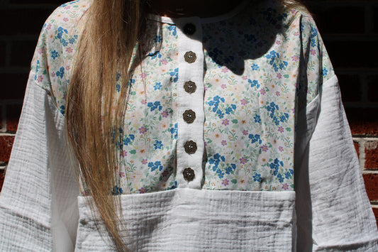 Floral Patch Henley Button 3/4 Sleeve Blouse