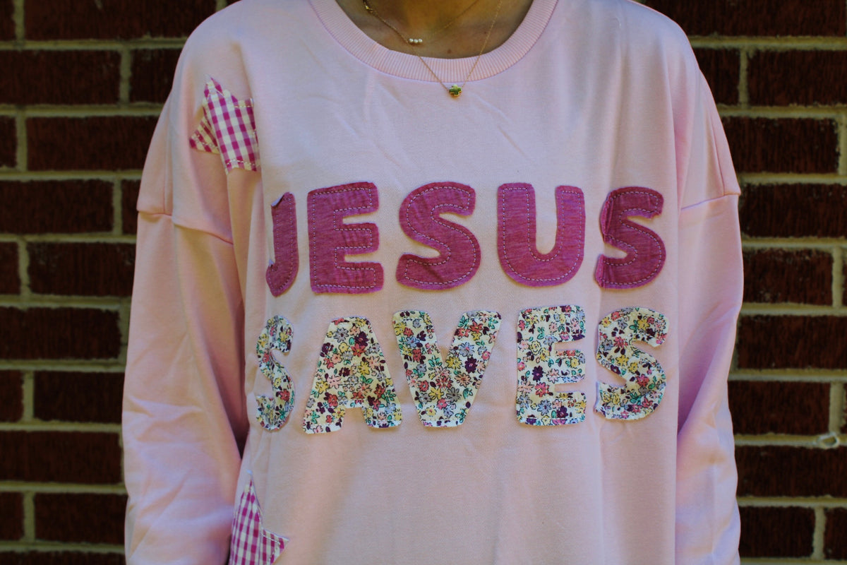 Jesus Saves Patchwork Stars Floral Long Sleeve Top