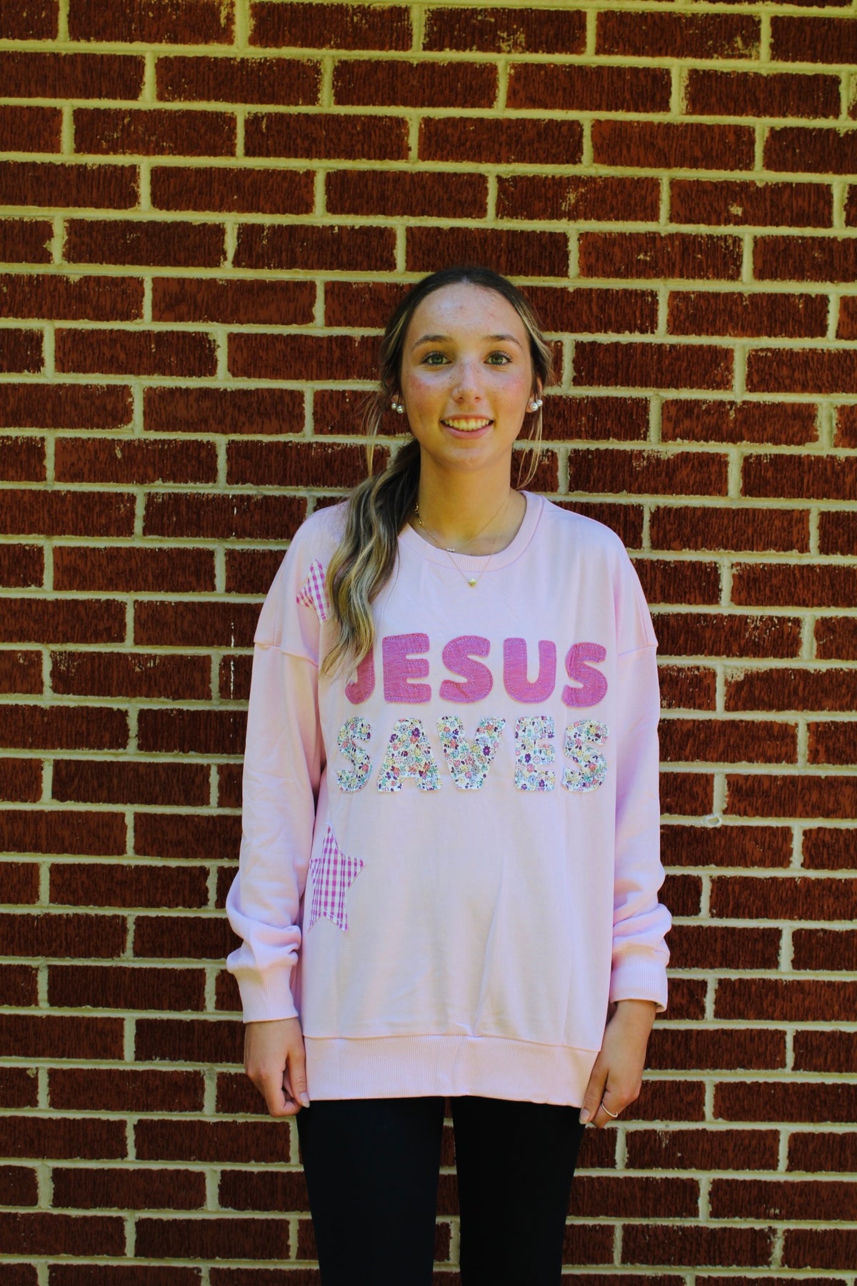 Jesus Saves Patchwork Stars Floral Long Sleeve Top