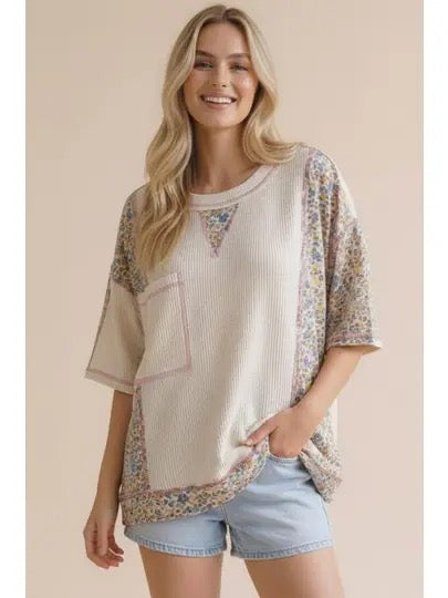 Oversized Floral Color Block Thermal Knit Top