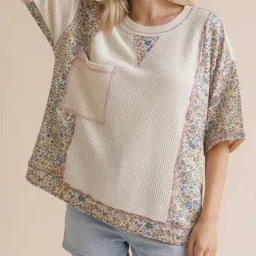 Oversized Floral Color Block Thermal Knit Top