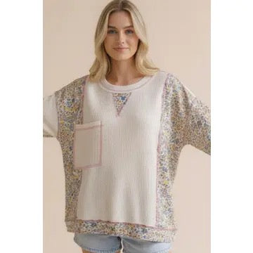 Oversized Floral Color Block Thermal Knit Top