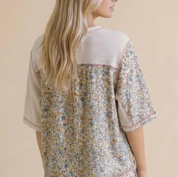 Oversized Floral Color Block Thermal Knit Top