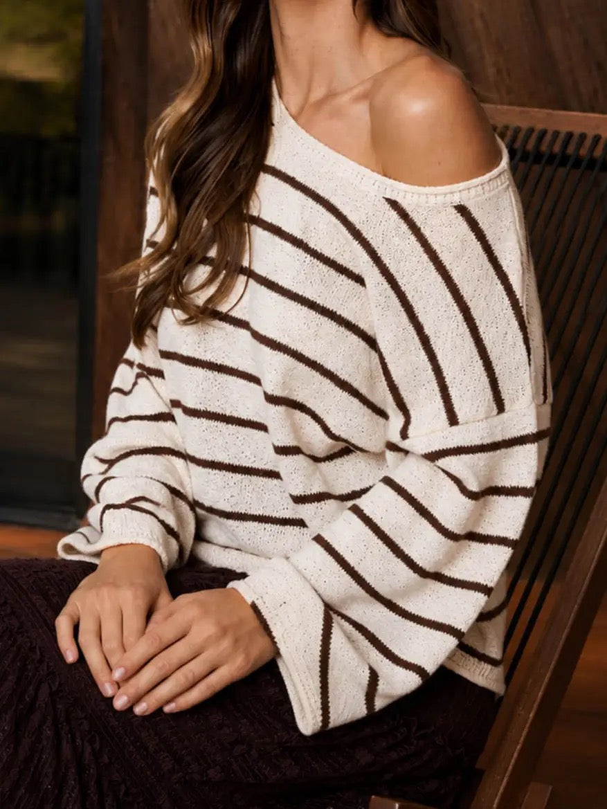 Stripe Textured Raw Edge Long Sleeve Knit Sweater