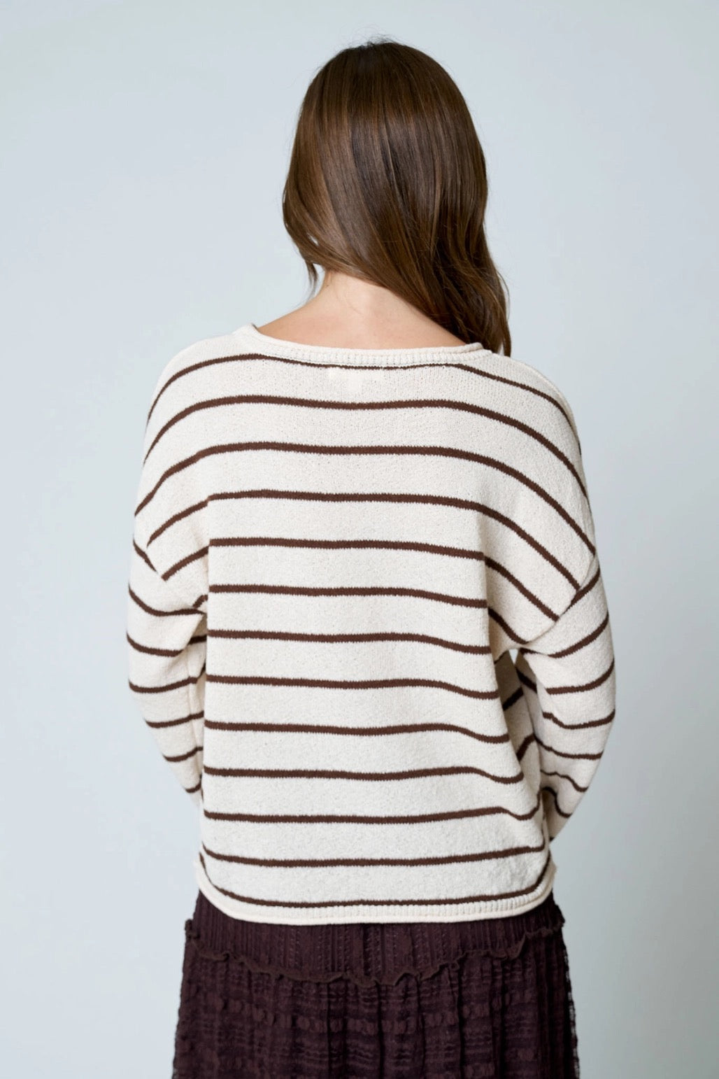 Stripe Textured Raw Edge Long Sleeve Knit Sweater