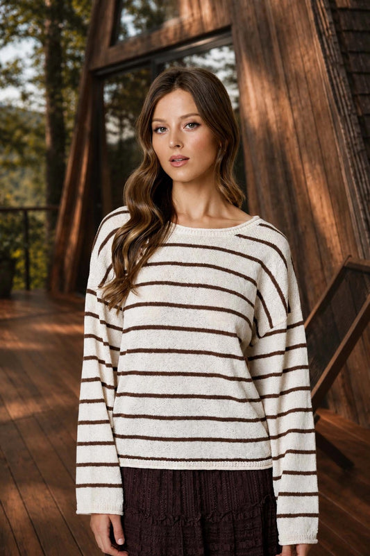 Stripe Textured Raw Edge Long Sleeve Knit Sweater