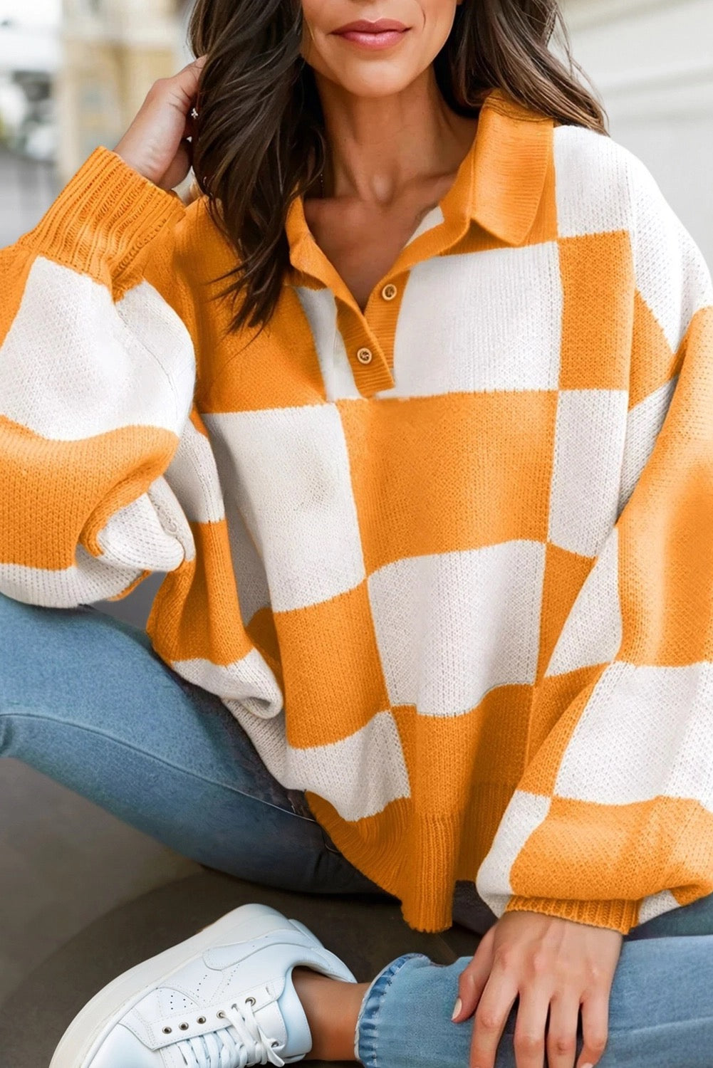 TN Checkered V Neck Long Sleeve Sweater