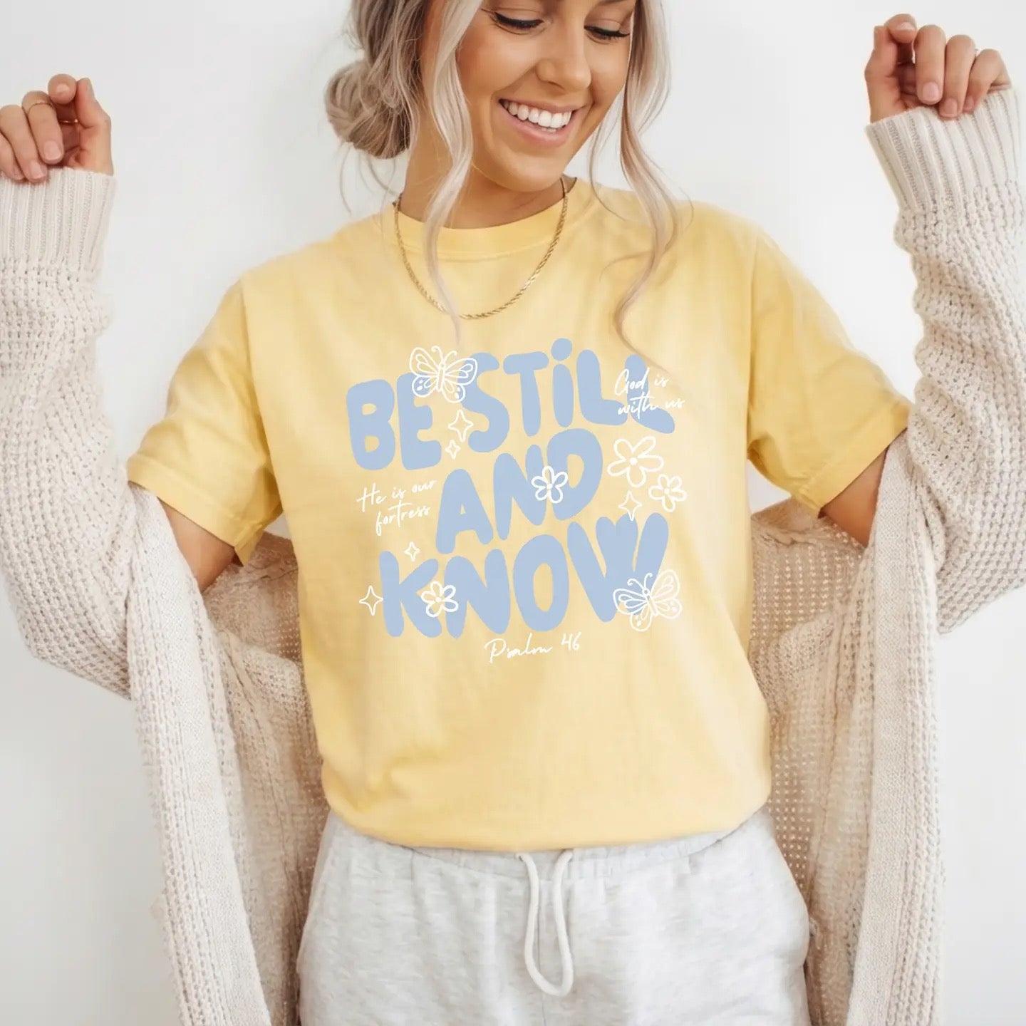 Be Still and Know Comfort Color Christian Floral Graphic Tee