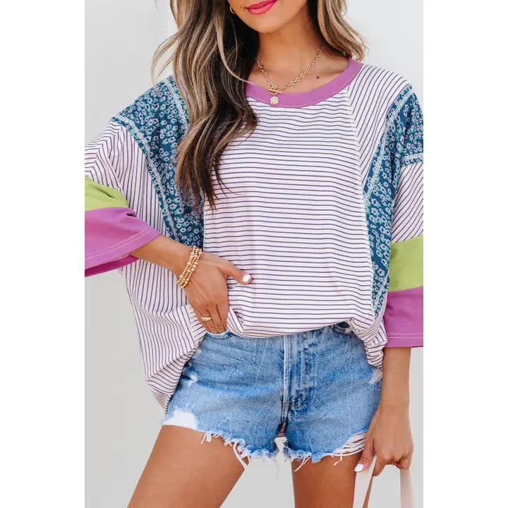 Stripe Floral Raw Edge Patchwork Top