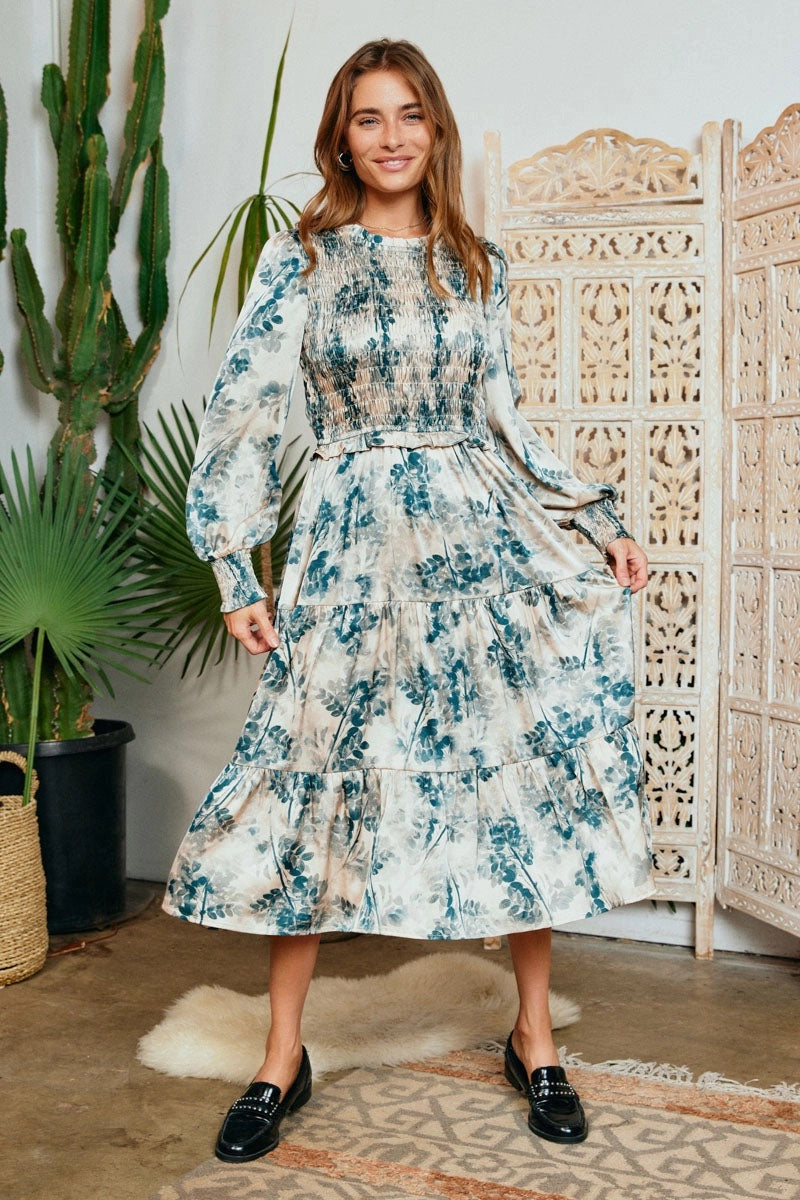 Womens Botanical Print Smocked Bodice Satin Dress