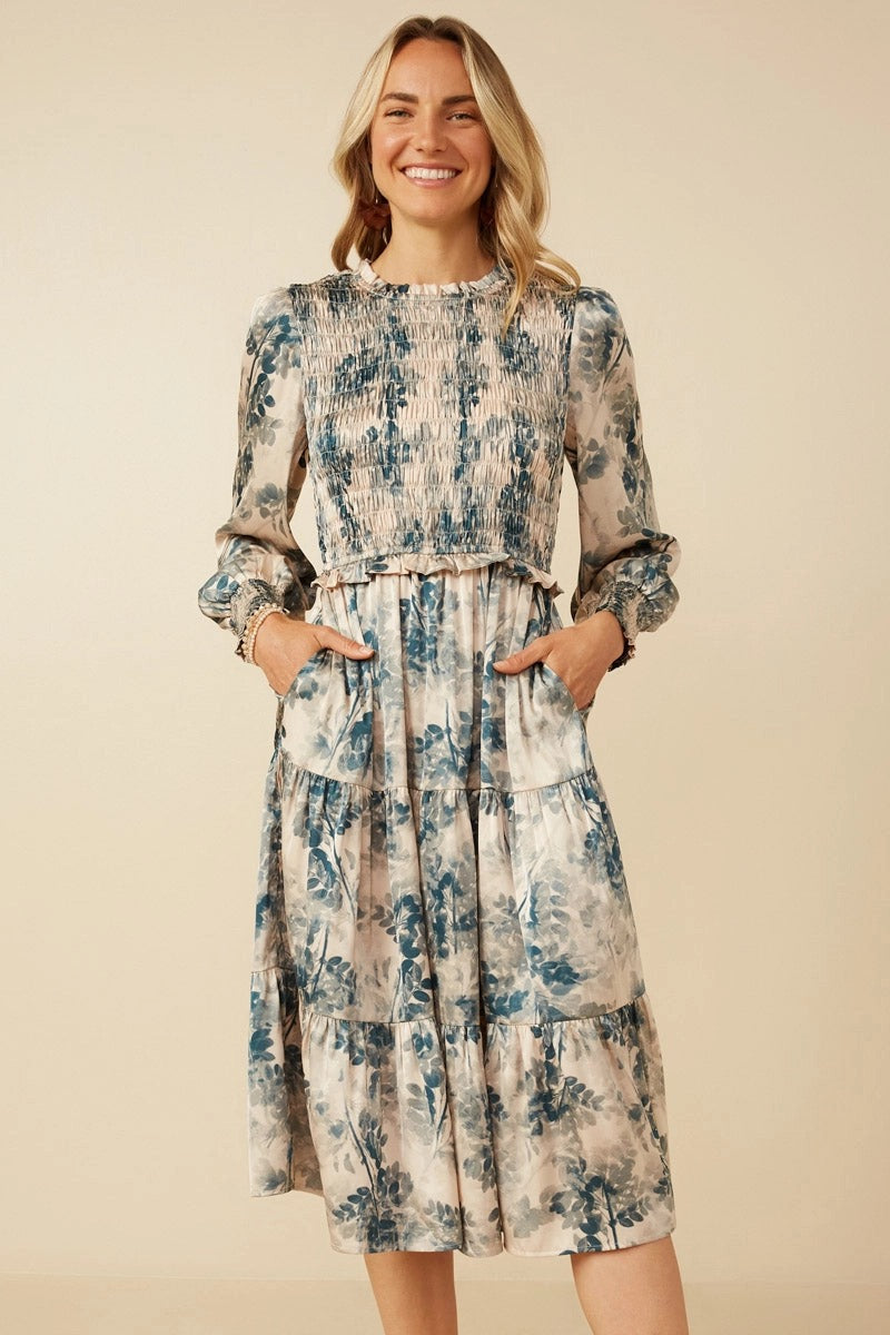 Womens Botanical Print Smocked Bodice Satin Dress