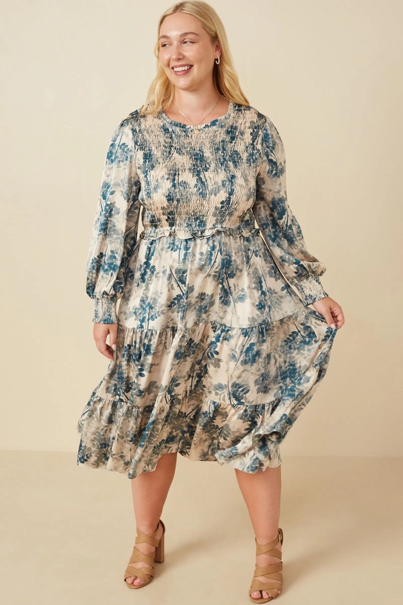 Womens Botanical Print Smocked Bodice Satin Dress