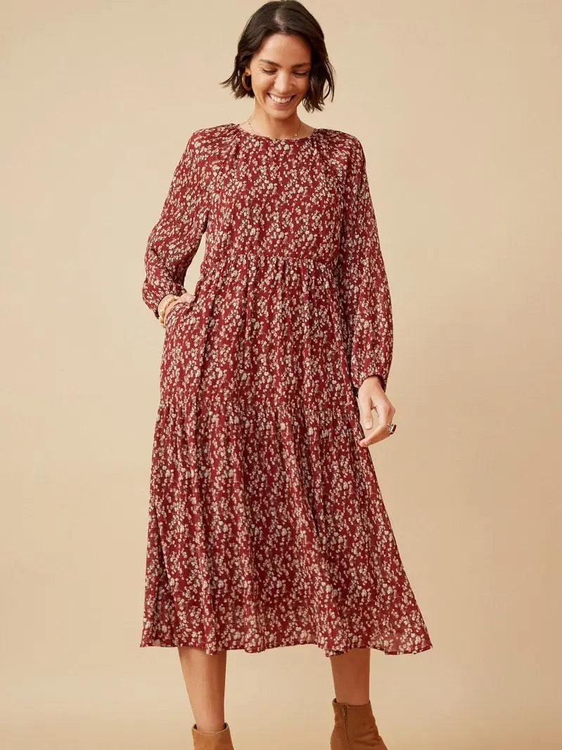 Women's Textured Floral Long Sleeve Tiered Dress