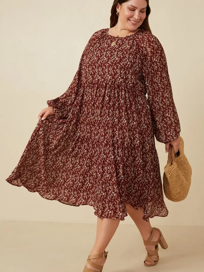 Women's Textured Floral Long Sleeve Tiered Dress