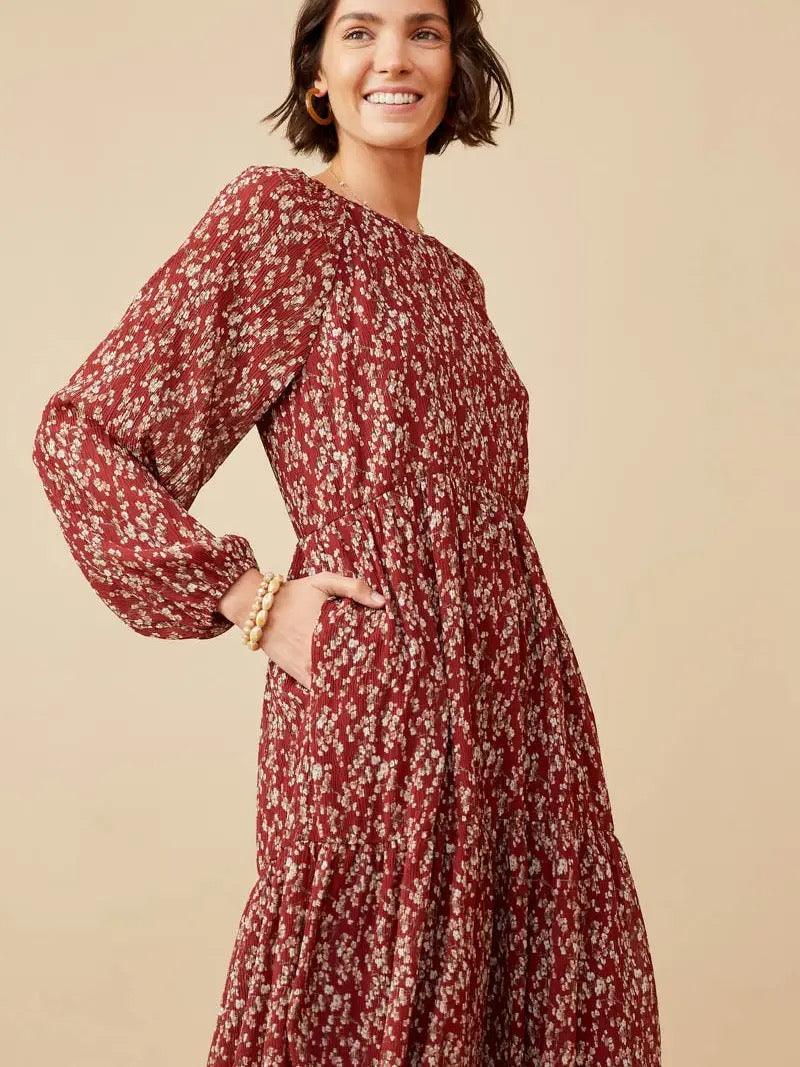 Women's Textured Floral Long Sleeve Tiered Dress