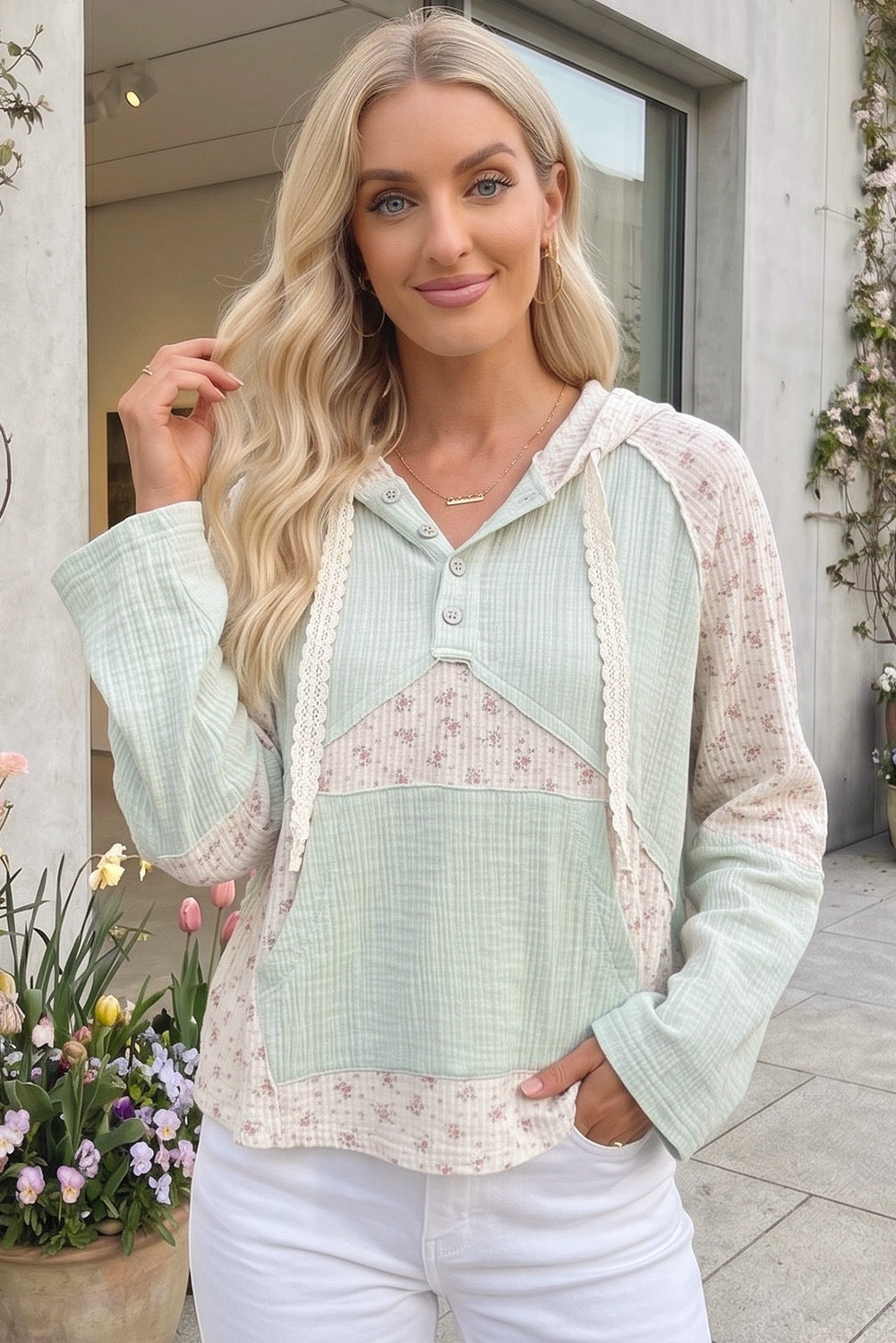 Floral Patchwork Hooded Long Sleeve Pullover