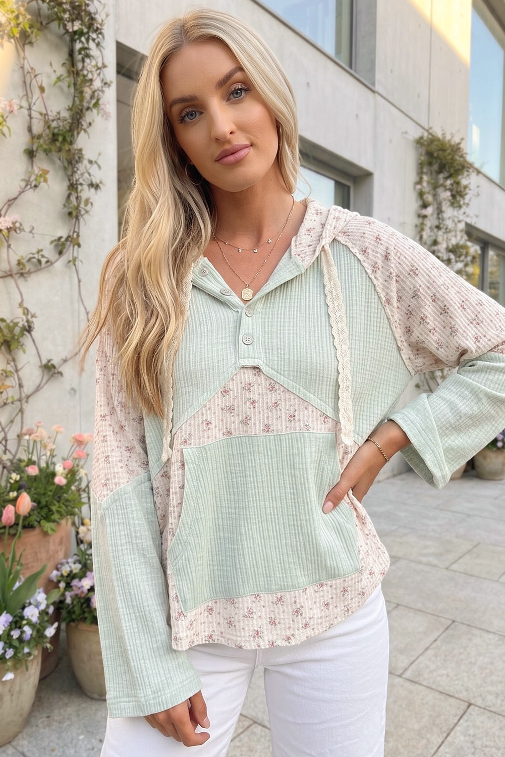 Floral Patchwork Hooded Long Sleeve Pullover
