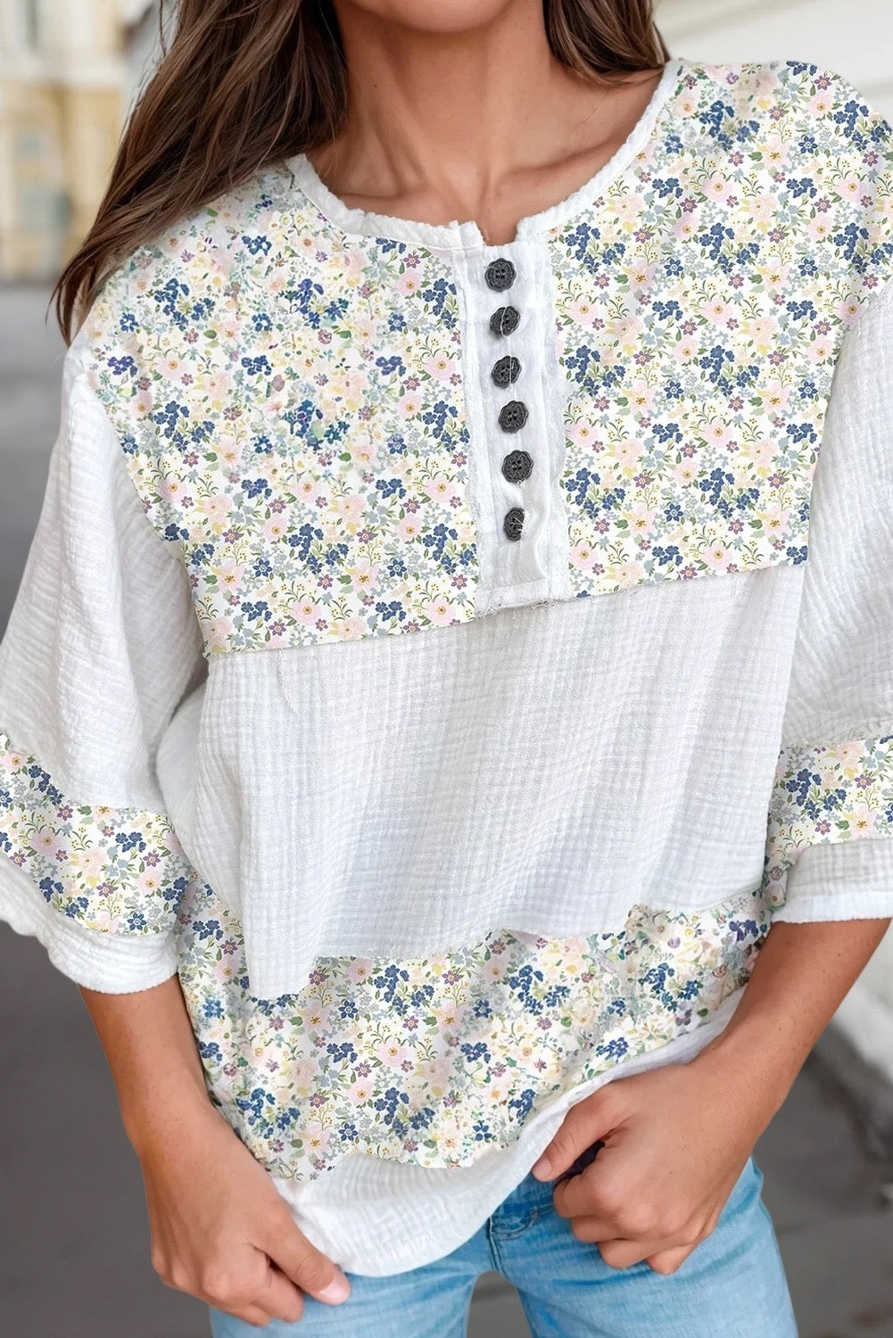 Floral Patch Henley Button 3/4 Sleeve Blouse