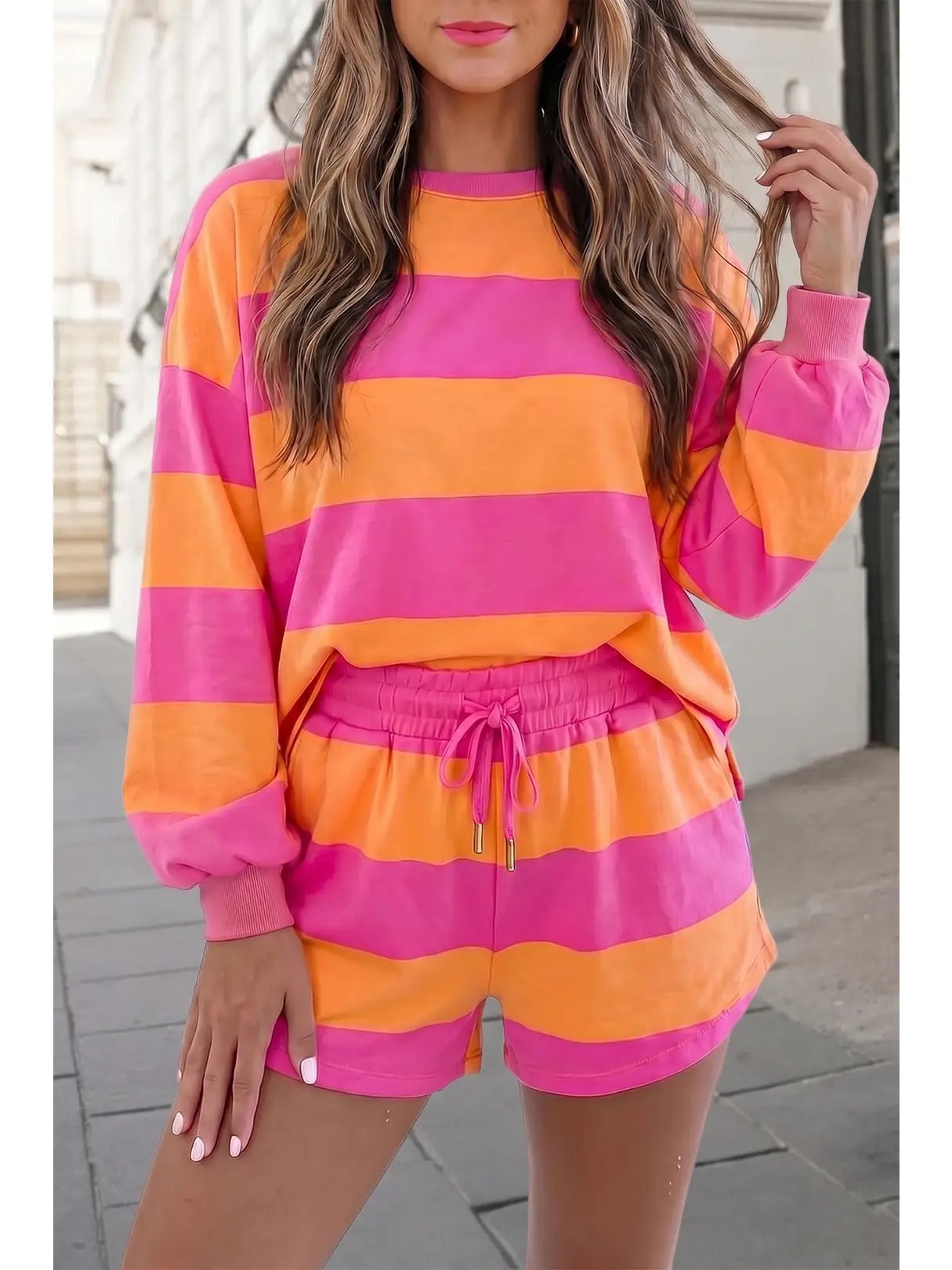 Striped Print Long Sleeve Shorts Set