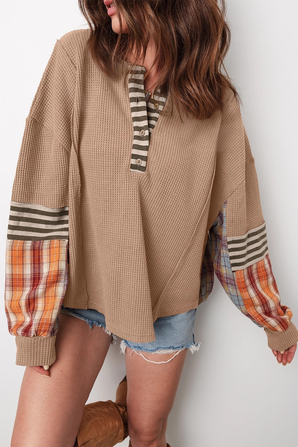 Waffle Stripe Plaid Patch Henley Knit Top