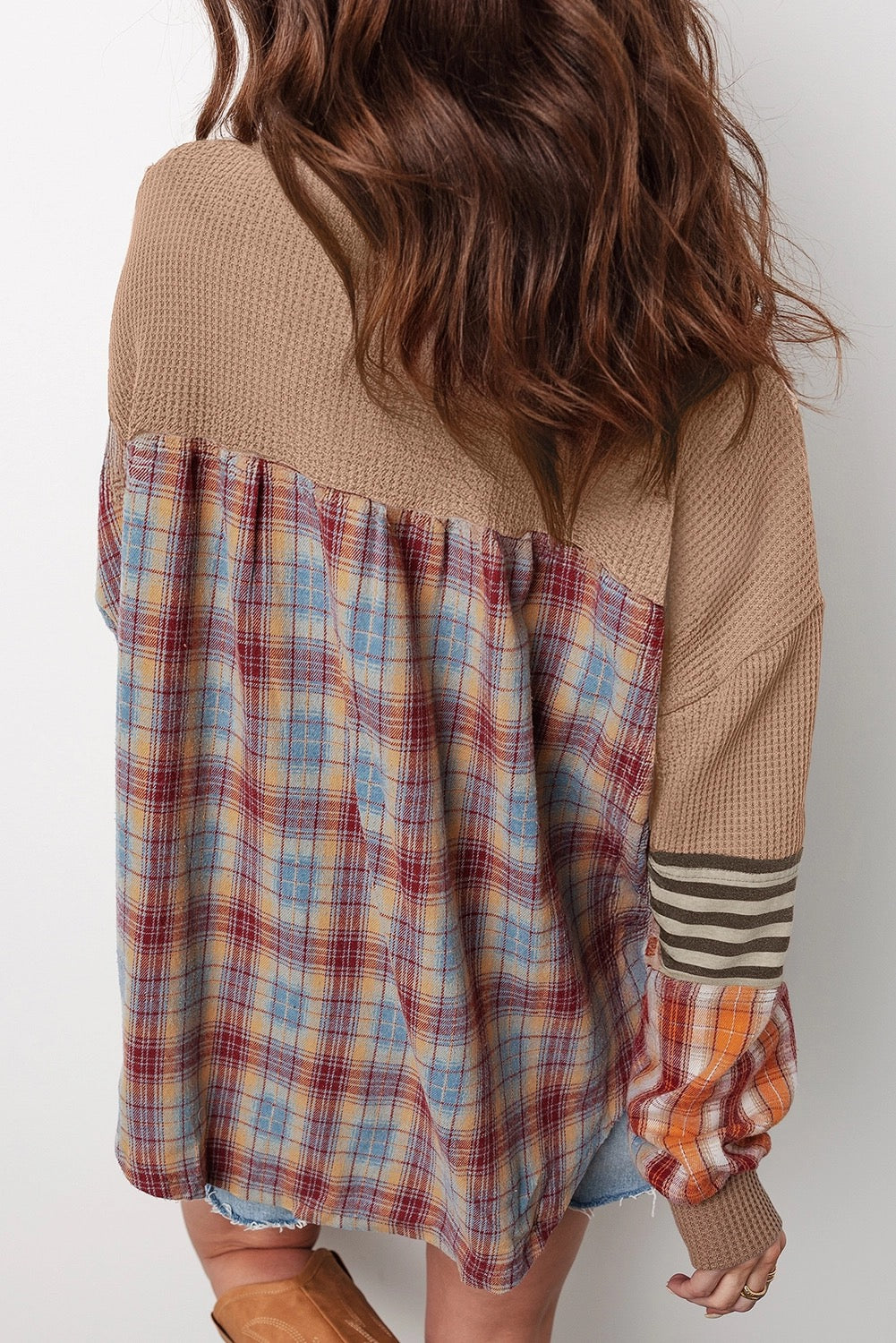 Waffle Stripe Plaid Patch Henley Knit Top