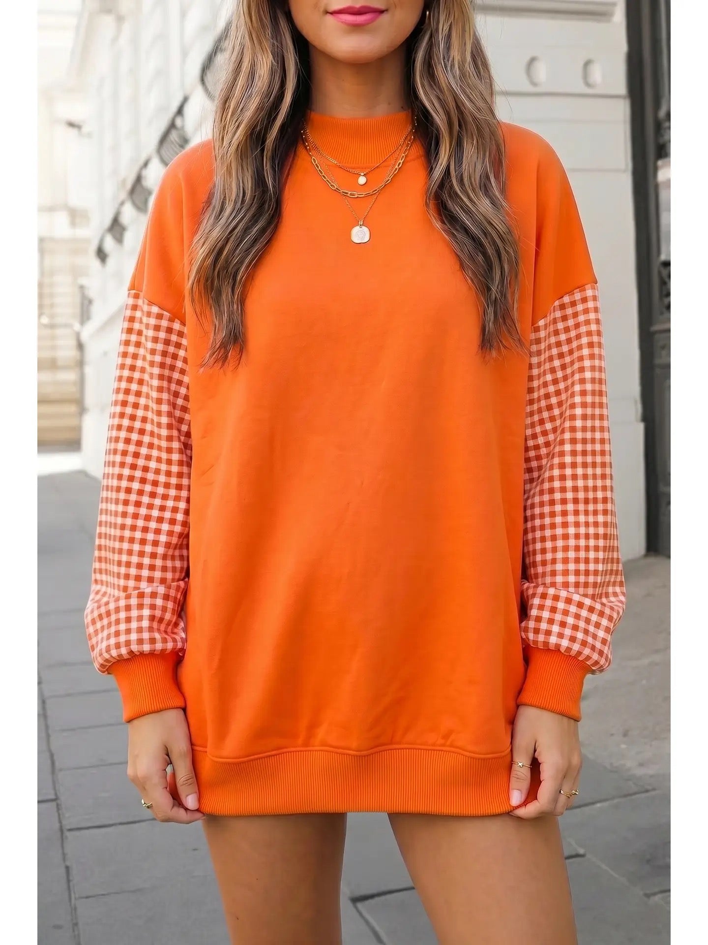 Gingham Patchwork Sleeve Mockneck Sweatshirt