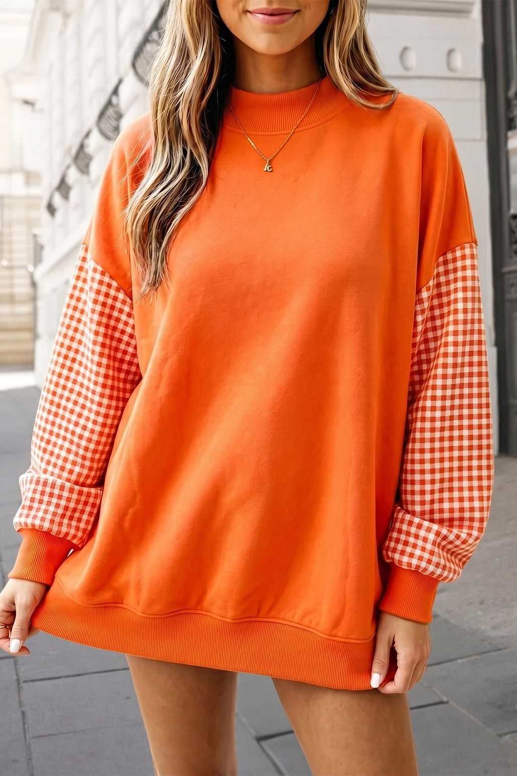 Gingham Patchwork Sleeve Mockneck Sweatshirt