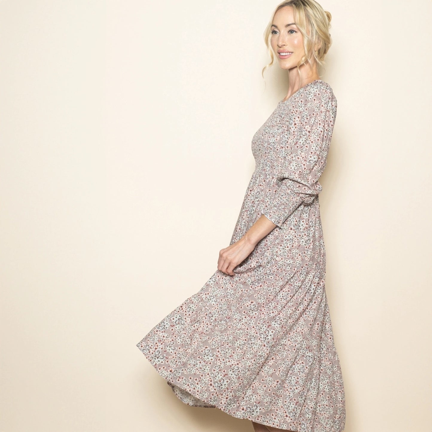 Long Sleeve Smocked Tiered Floral Midi Dress with Pockets