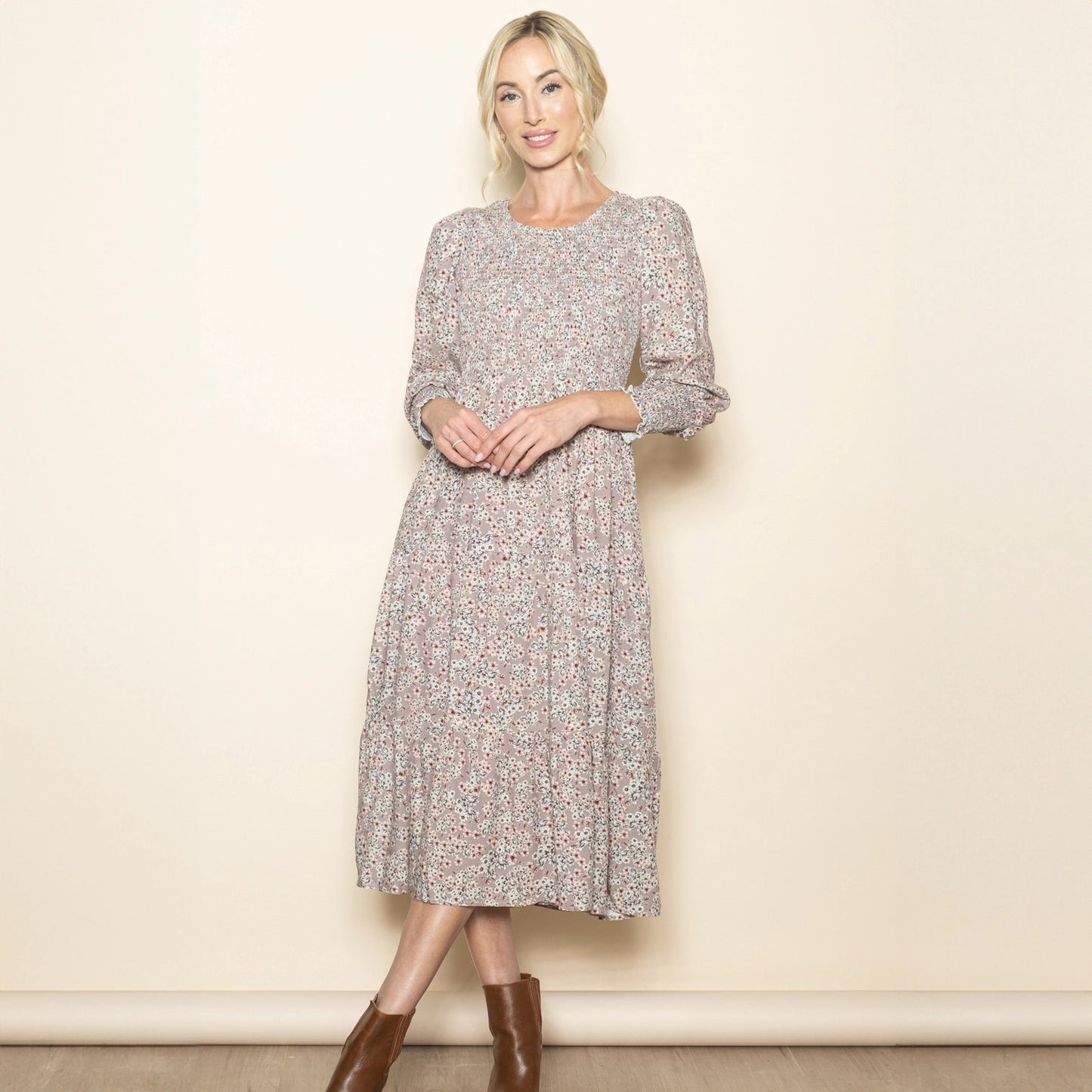 Long Sleeve Smocked Tiered Floral Midi Dress with Pockets