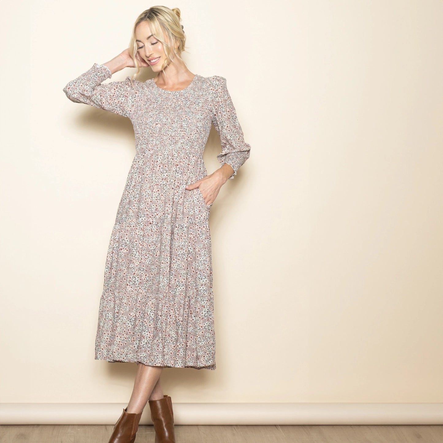 Long Sleeve Smocked Tiered Floral Midi Dress with Pockets