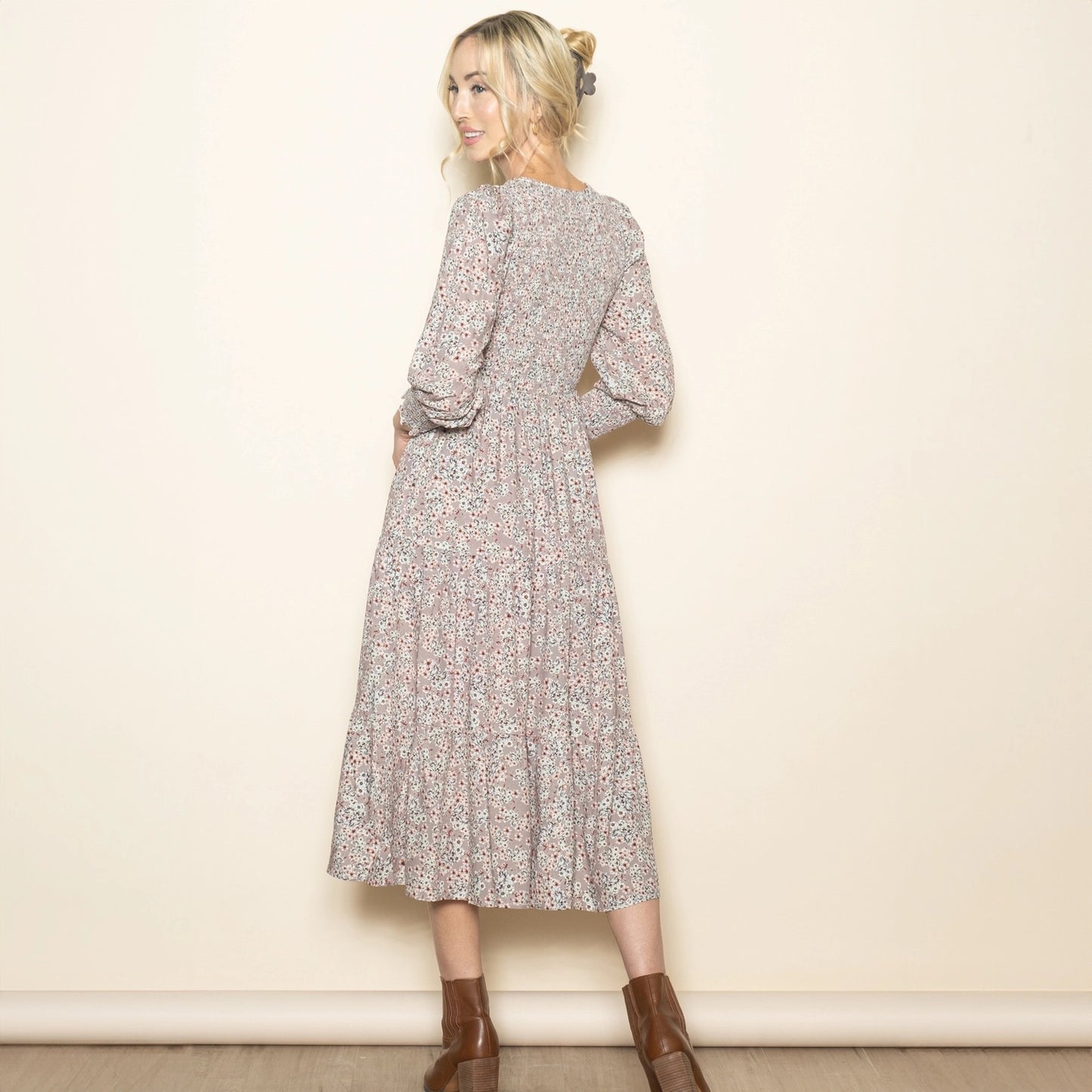 Long Sleeve Smocked Tiered Floral Midi Dress with Pockets